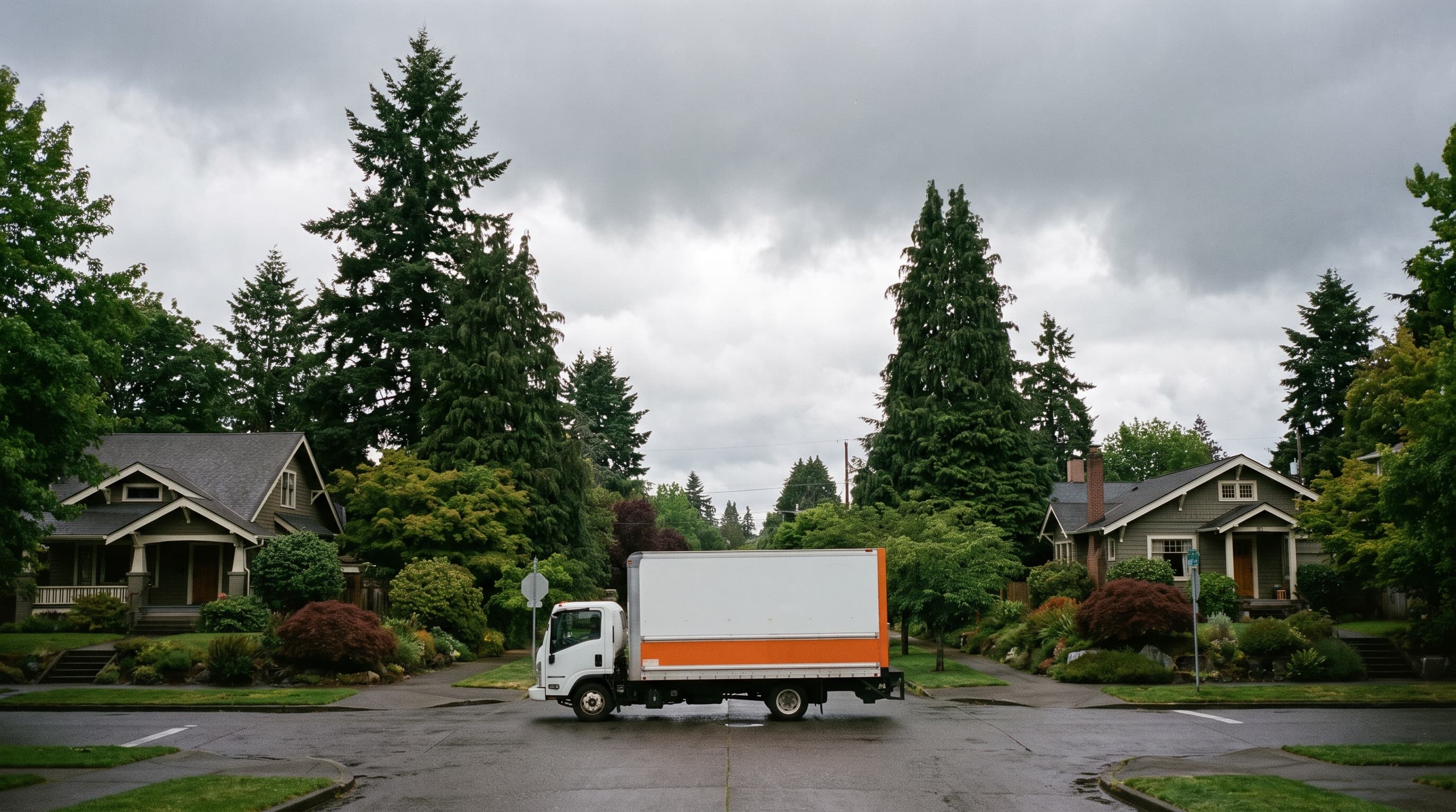 Rain City junk removal truck in a Seattle neighborhood
